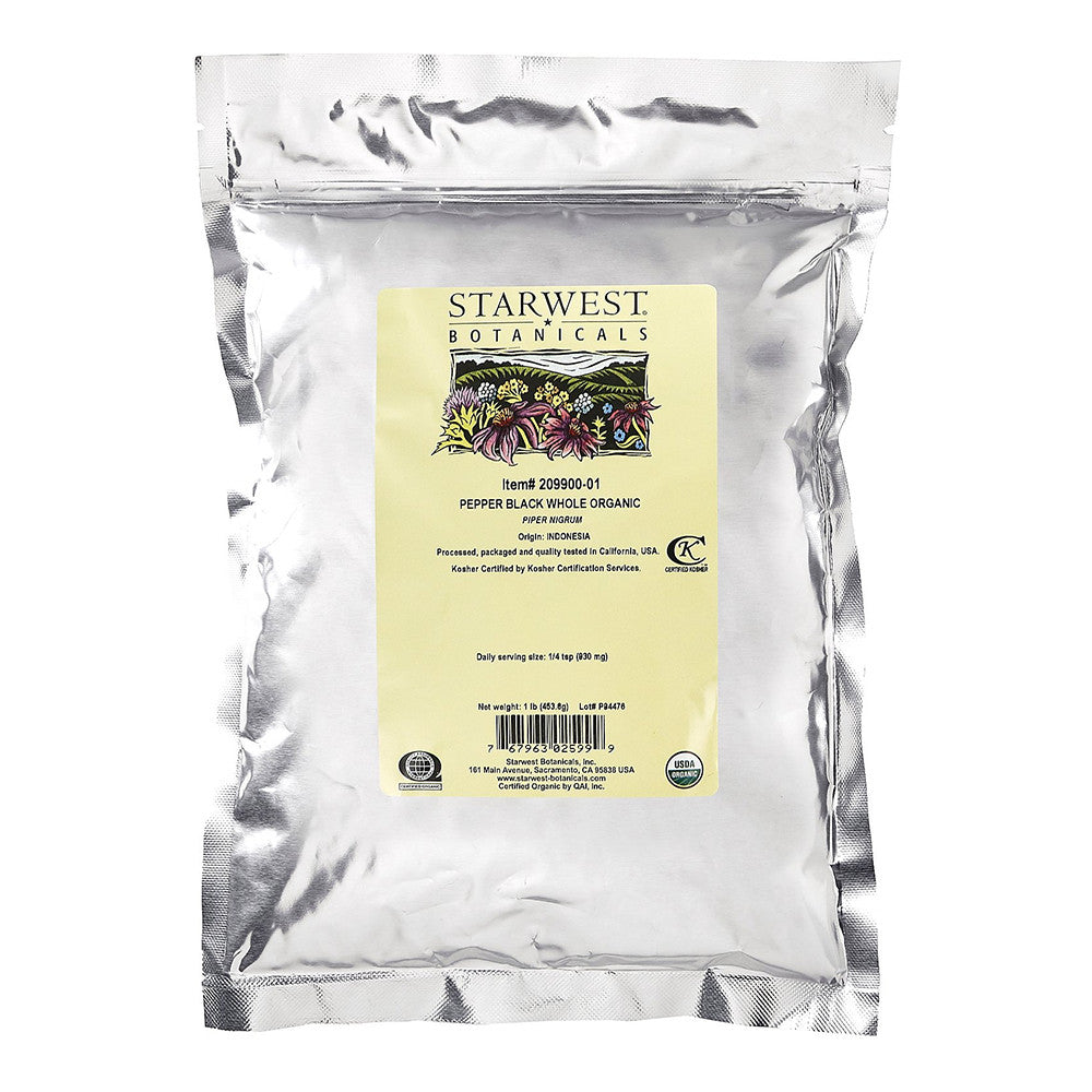 Starwest Botanicals Organic Malabar Pepper Black Whole, 16 Oz